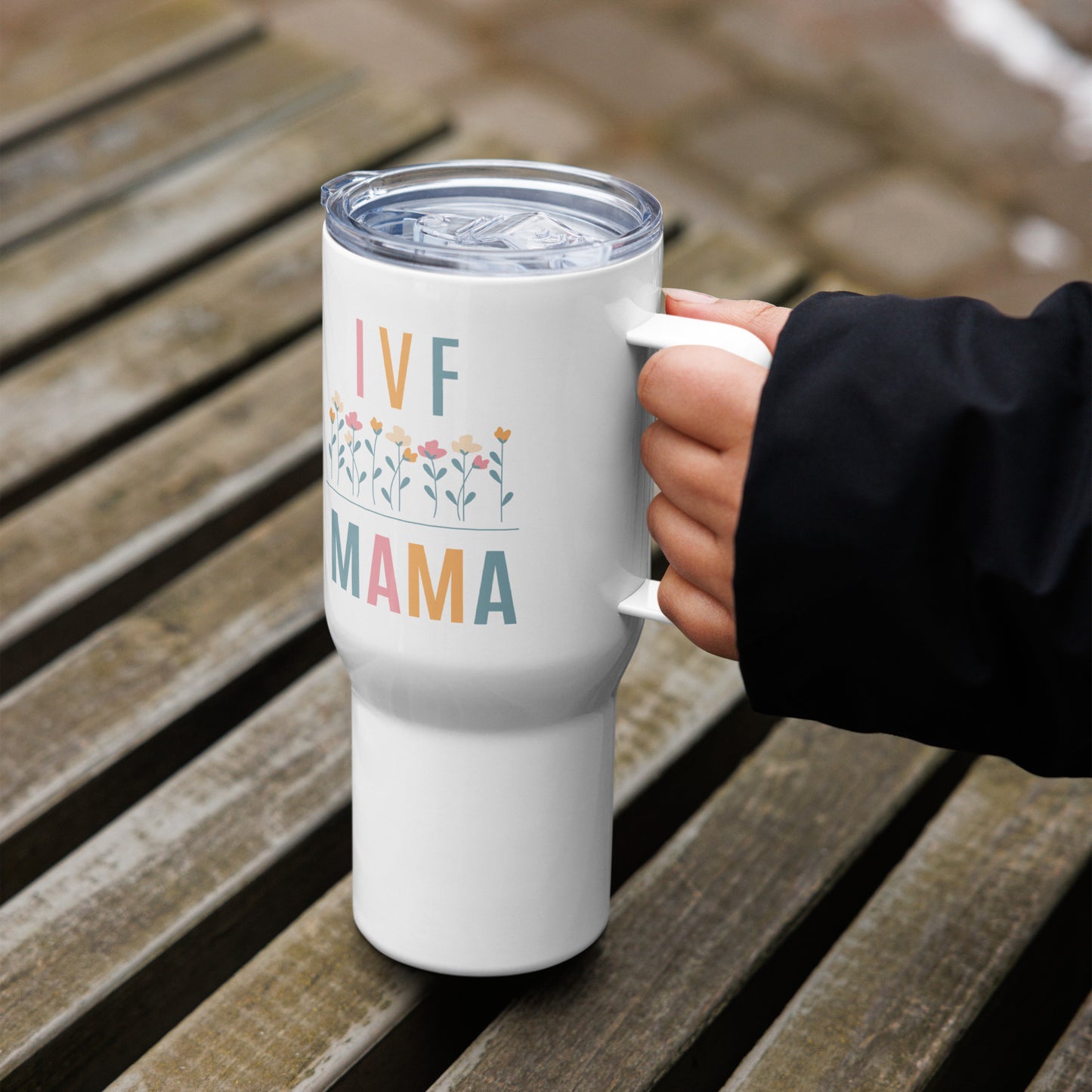 IVF mama white handled Travel mug