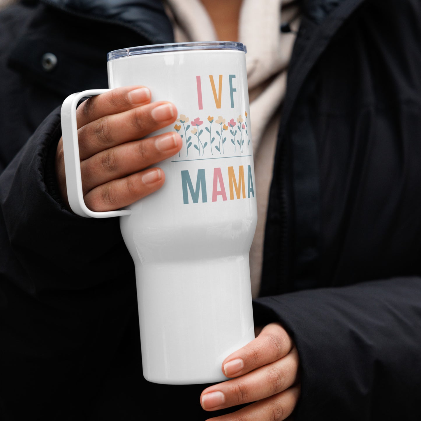 IVF mama white handled Travel mug